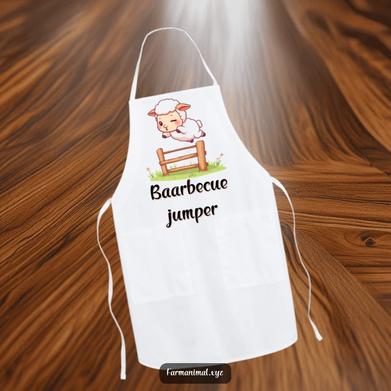 Funny sheep apron showing a determined sheep leaping over a fence, ideal for kitchen protection with a humorous and spirited farm twist.