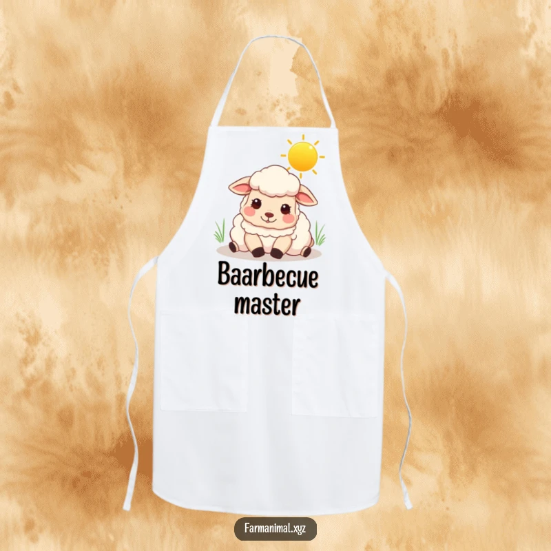 Funny sheep apron showing a content sheep enjoying a rest under a sunny sky, perfect for kitchen use.