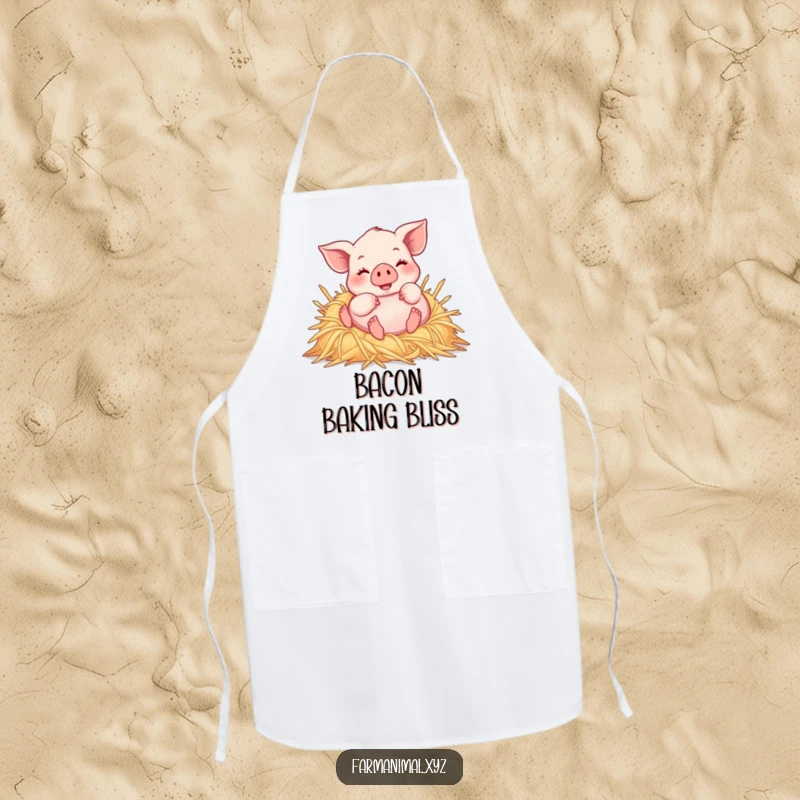 Funny piglet joyfully rolling in a pile of soft straw, a humorous and practical apron for kitchen activities.