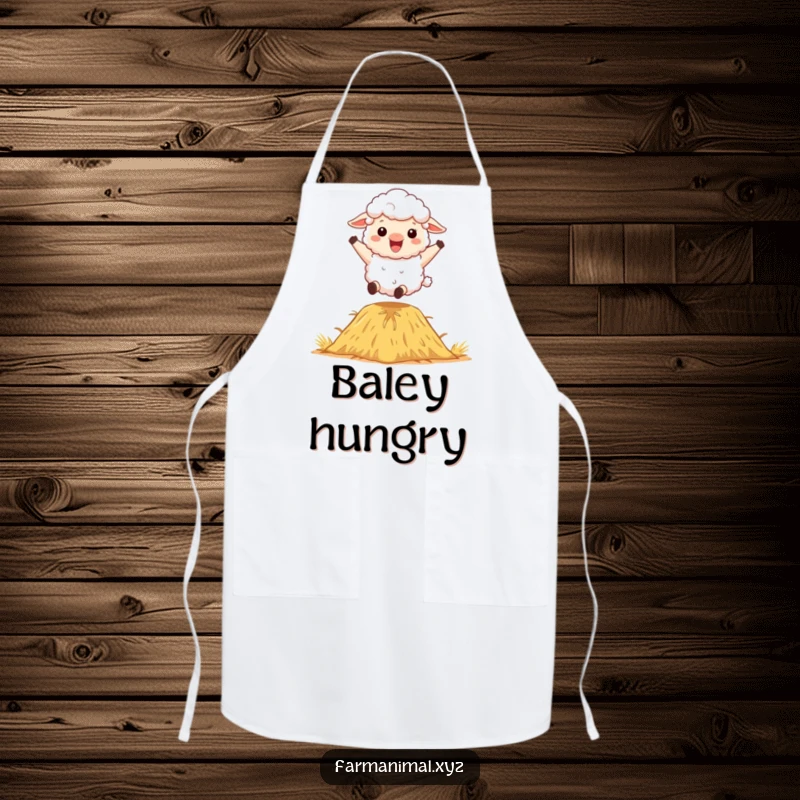 Funny Sheep Apron: A fluffy sheep character excitedly bouncing on a haystack, ready for kitchen chores.