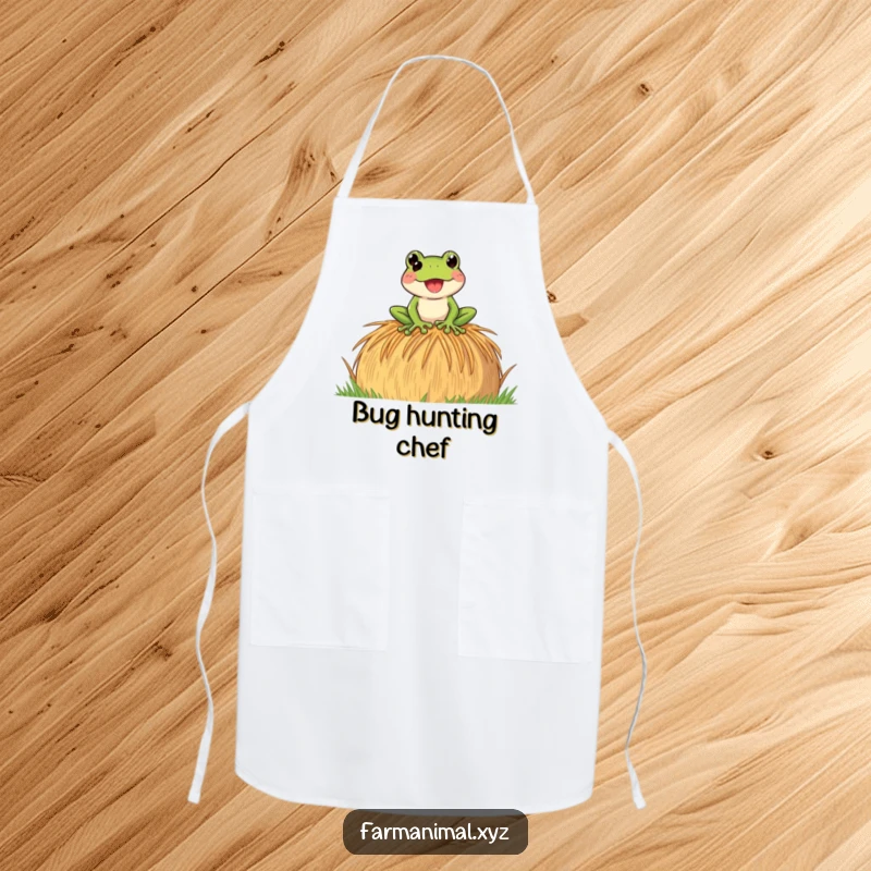 Funny Frog Apron with a playful frog croaking loudly on a hay bale, perfect for adding humorous sound to kitchen activities.