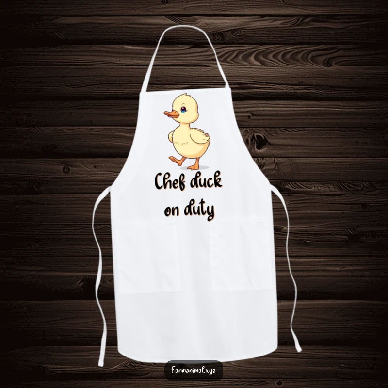 Funny determined duckling waddling energetically on a practical apron, bringing humorous farm animal motivation to the kitchen.