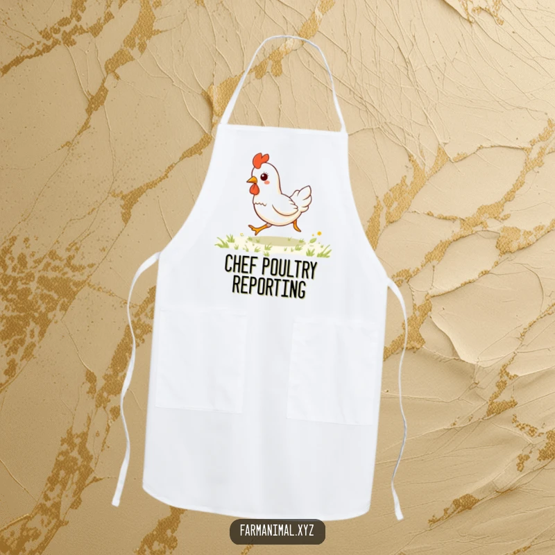 Funny kawaii chicken galloping with flair on a practical apron, ideal for humorous cooking sessions and farm-themed kitchens.