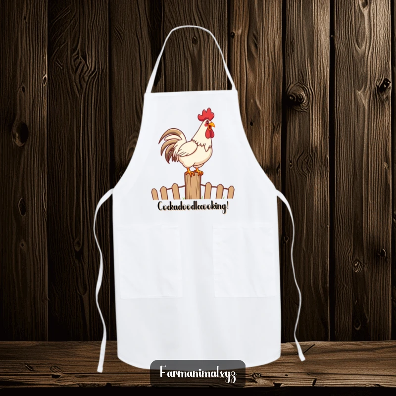 Funny Rooster Crowing Apron with a happy rooster loudly crowing on top of a fence post, ideal for kitchen fun.