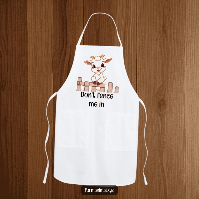 Funny goat apron featuring a small goat with a mischievous grin climbing a fence, great for kitchen humor.