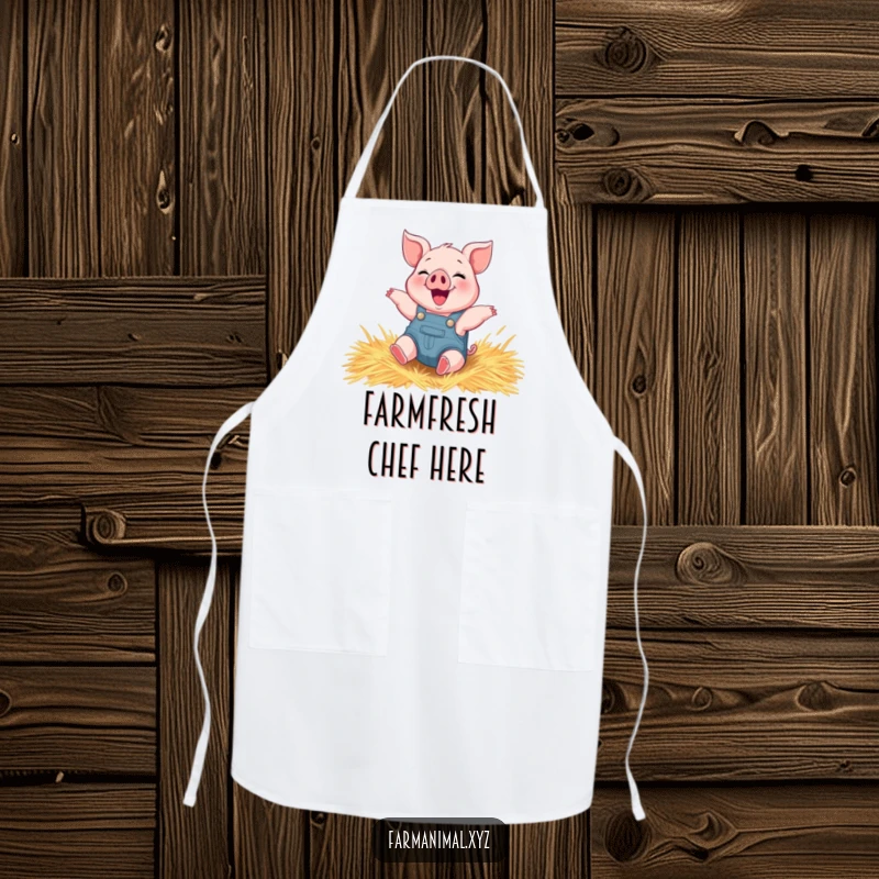 Funny piglet apron showing a happy piglet in overalls gleefully rolling in hay while preparing food.