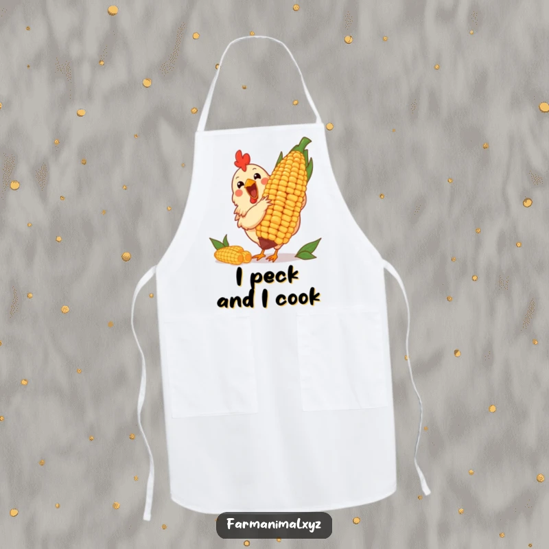 Funny apron for cooking, showing a cheerful chicken pecking at a giant corn cob, adding farm humor to meal prep.