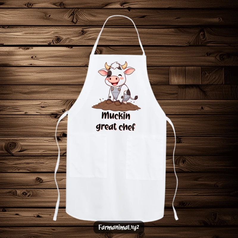 Funny cow wearing overalls happily stomping in mud, a humorous and practical apron for kitchen use.