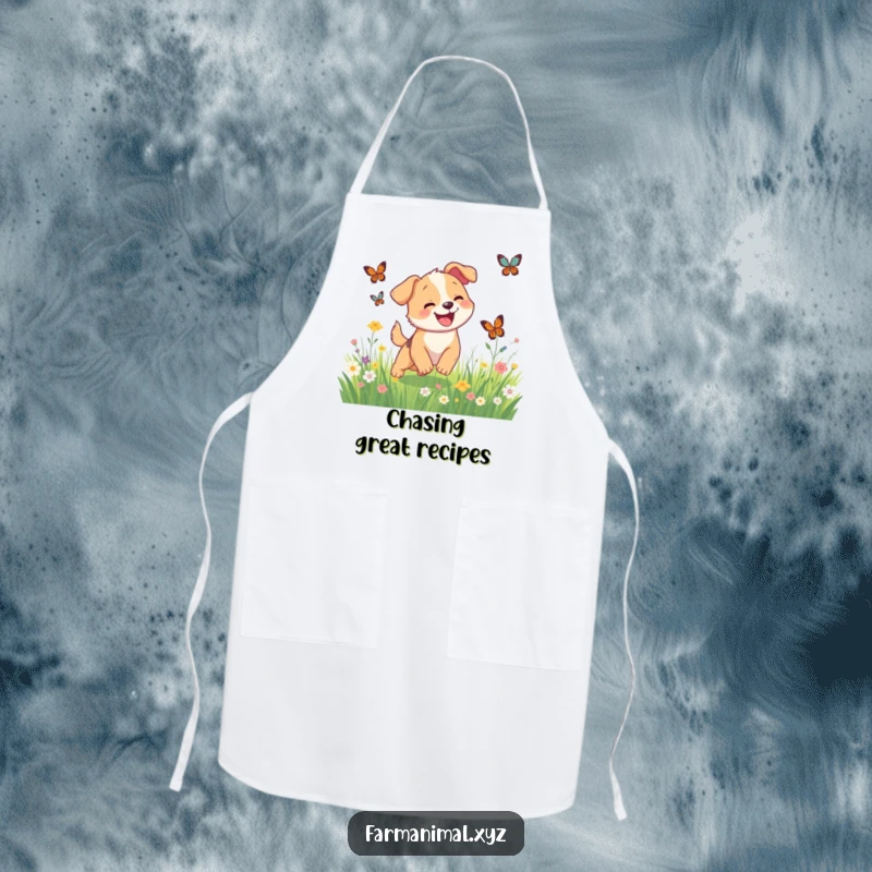 Funny happy dog chasing butterflies on a kitchen apron, a humorous and practical accessory for cooks.
