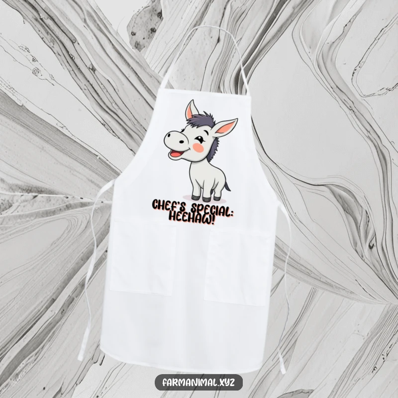 Funny donkey braying with glee on a kitchen apron, a humorous and functional accessory.