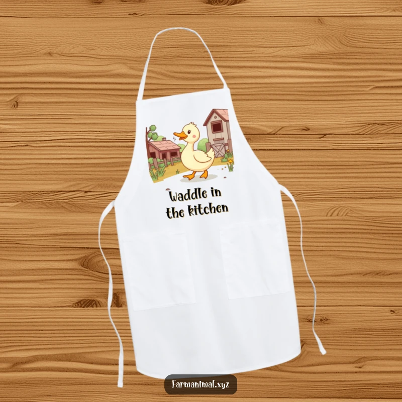 Funny duck waddling with a chef's hat on a humorous apron, perfect for kitchen fun and gifts.