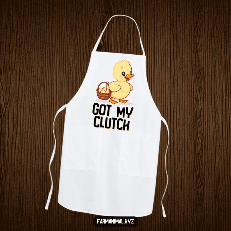 Funny Duckling Apron featuring a proud duckling waddling with a basket of tiny eggs, perfect for a cheerful cooking experience.