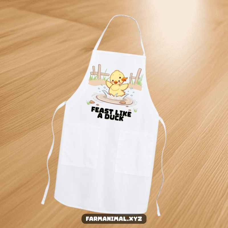 Funny duckling enthusiastically splashing in a barnyard puddle, a humorous and practical apron for kitchen activities.