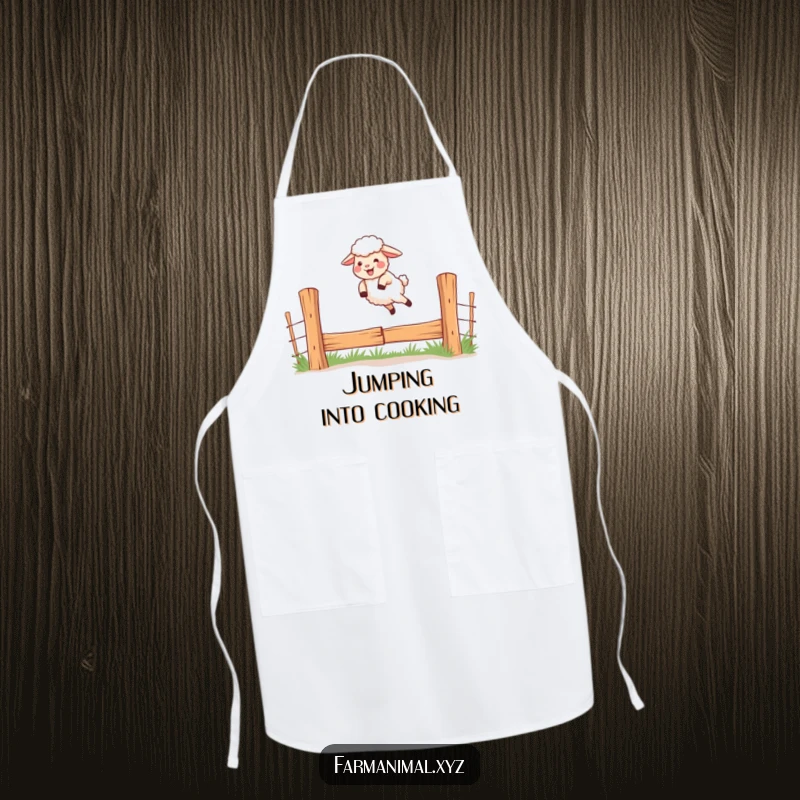 Funny apron with a giggling sheep jumping over a fence, perfect for kitchen fun.
