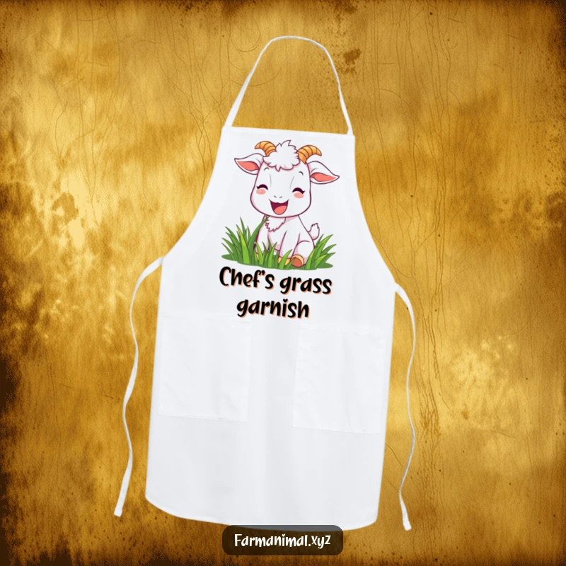 Funny goat apron showing a joyful goat character with a bright smile, happily munching grass while cooking.