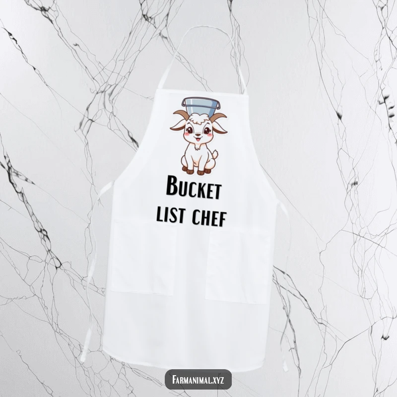 Funny goat character balancing a bucket on its head, a humorous and practical apron for kitchen adventures. Adds charm.