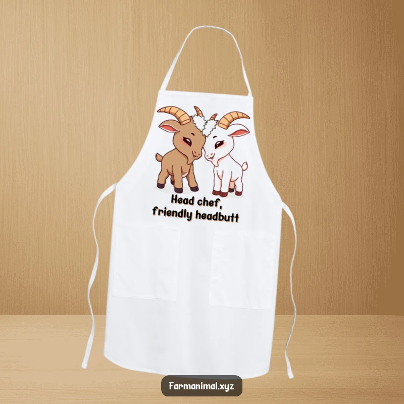 Funny goats playfully butting heads on a kitchen apron, a humorous and functional accessory.