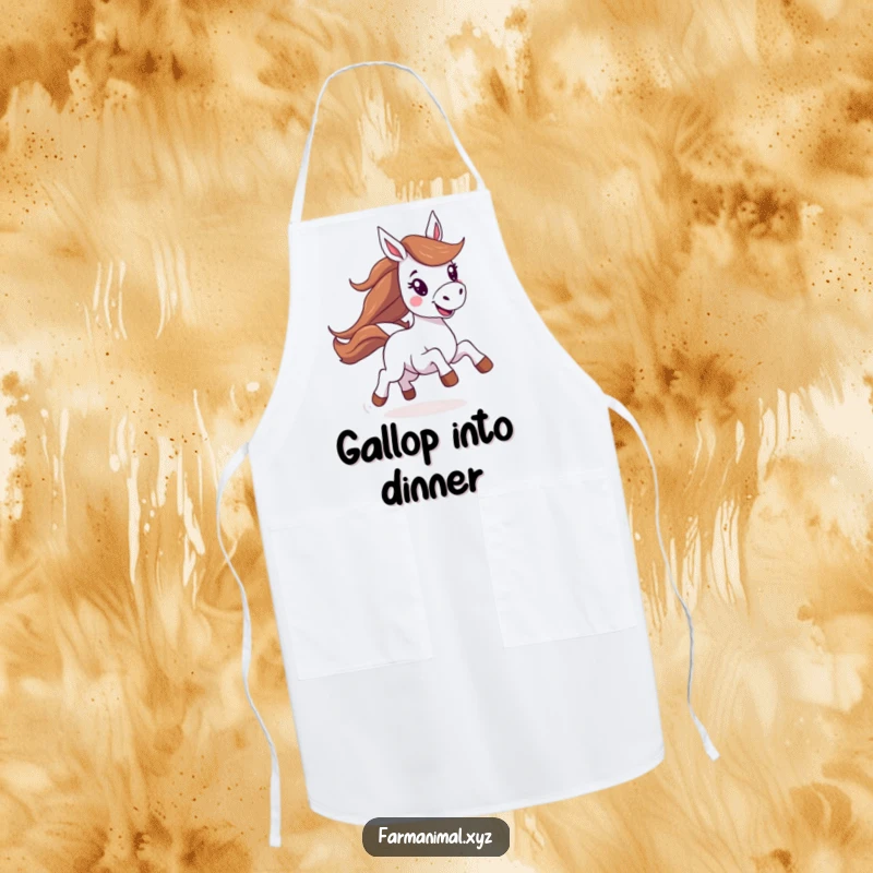 Funny horse apron showing an energetic horse joyfully galloping, ideal for kitchen fun and protection.