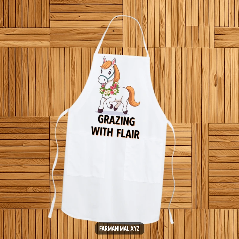 Funny Horse Apron showing a happy horse wearing a vibrant floral garland, ready to help in the kitchen with a smile.