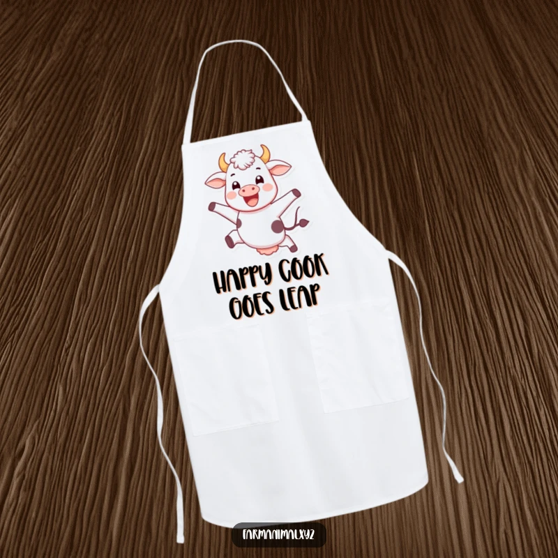 Funny jumping cow apron, happily leaping, a humorous and practical accessory for the kitchen.