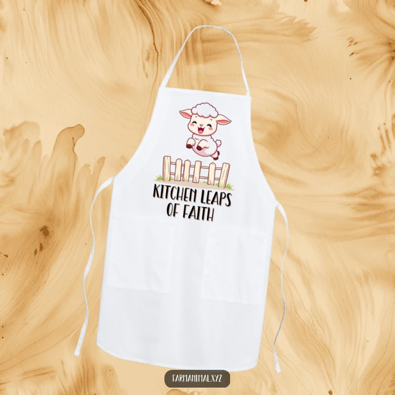Funny playful lamb leaping over a fence on a practical apron, bringing humorous farm animal cheer to the kitchen.