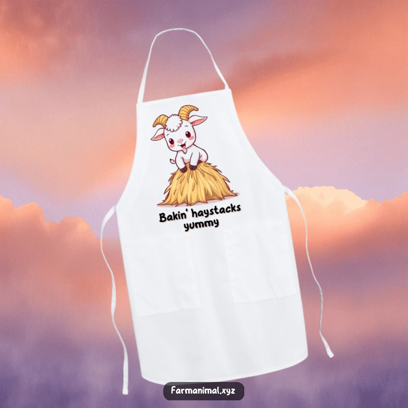 Funny apron with a mischievous cartoon goat gleefully climbing a haystack, perfect for kitchen antics.