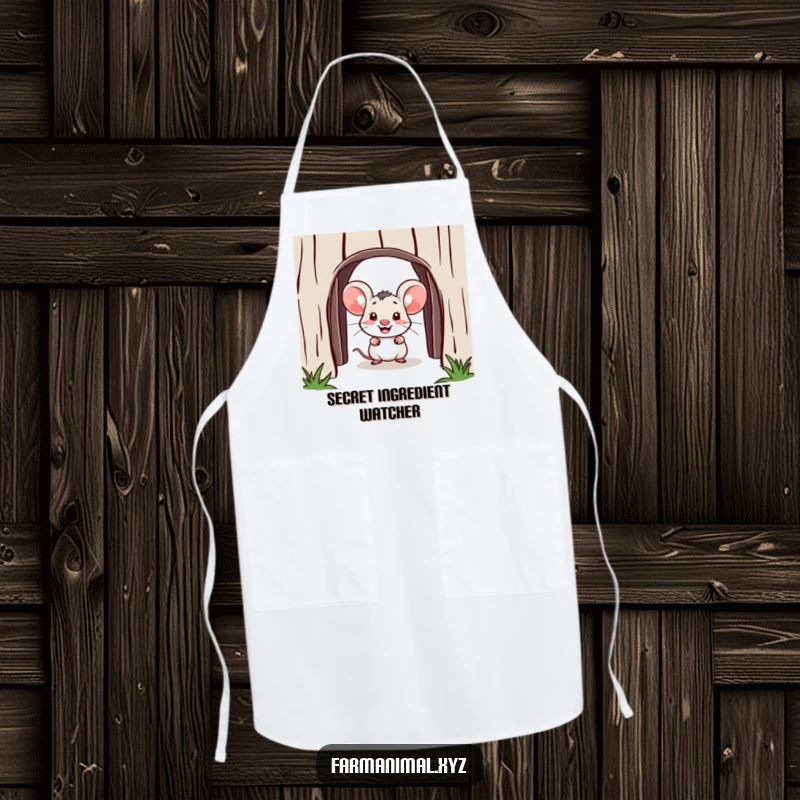 Funny mouse apron, a cheerful mouse peeking from a barn doorway, adding humor to cooking, practical and funny gift.