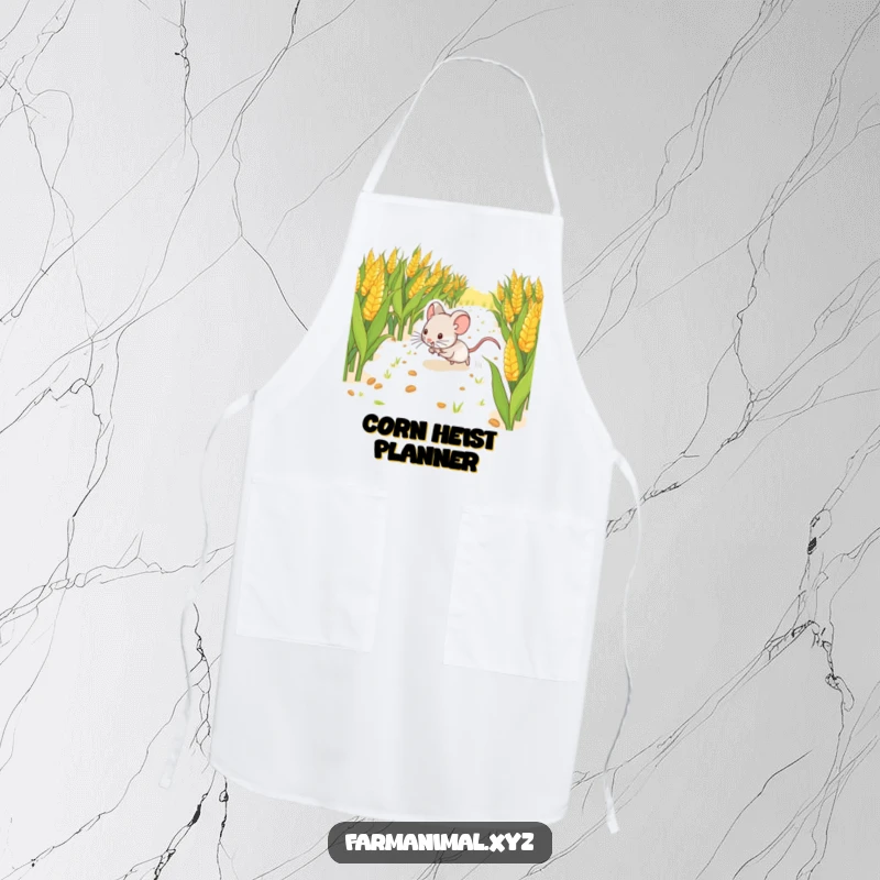 Funny Mouse Scurrying Apron, illustrating a happy mouse darting through a cornfield, bringing farmyard charm and fun to your kitchen attire.