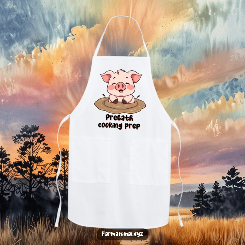 Funny cheerful pig happily rolling in a mud puddle, a joyful chef ready for kitchen adventures on an apron.