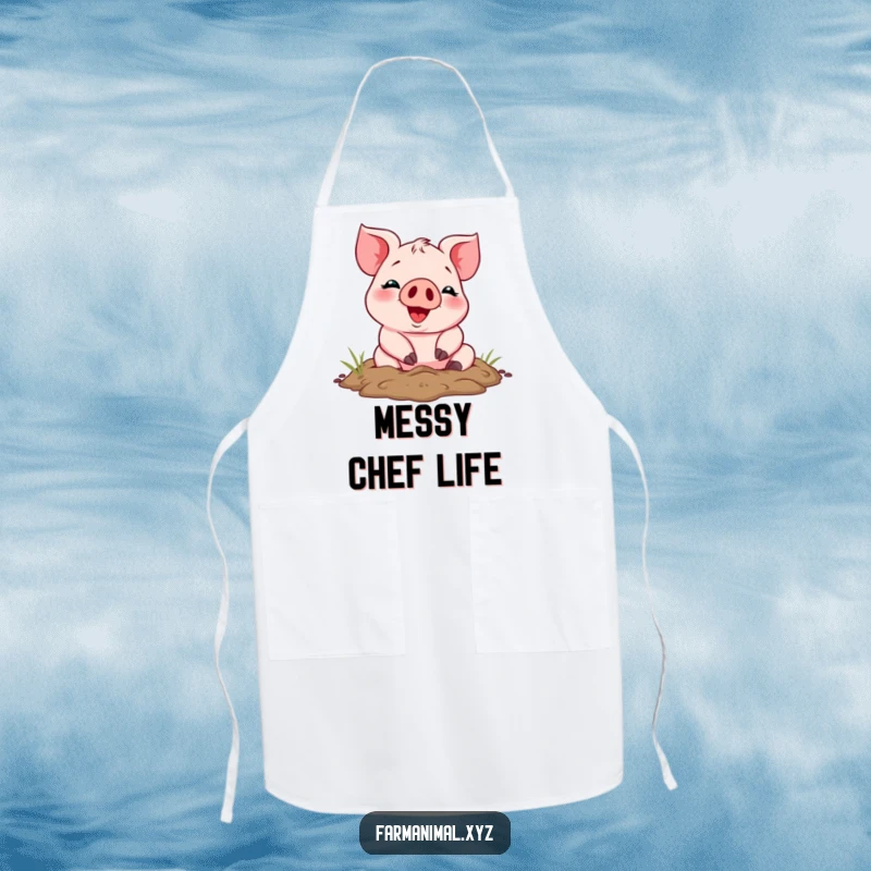 Funny cheerful piglet rolling in mud on a practical apron, bringing humorous farm animal vibes to the kitchen.