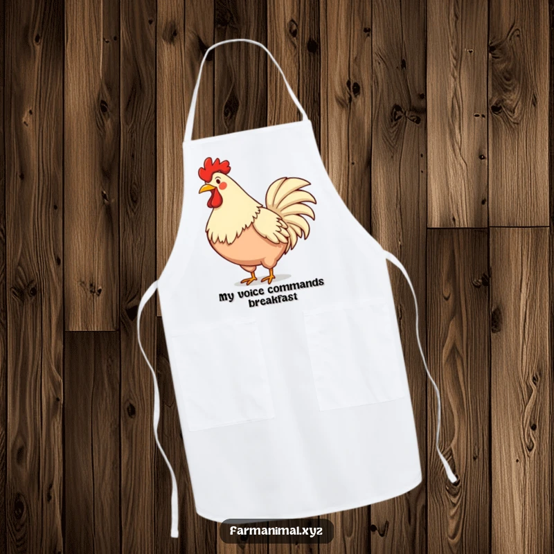 Funny rooster apron featuring a proud rooster loudly crowing, chest puffed out, ready to add farmyard fun to cooking.
