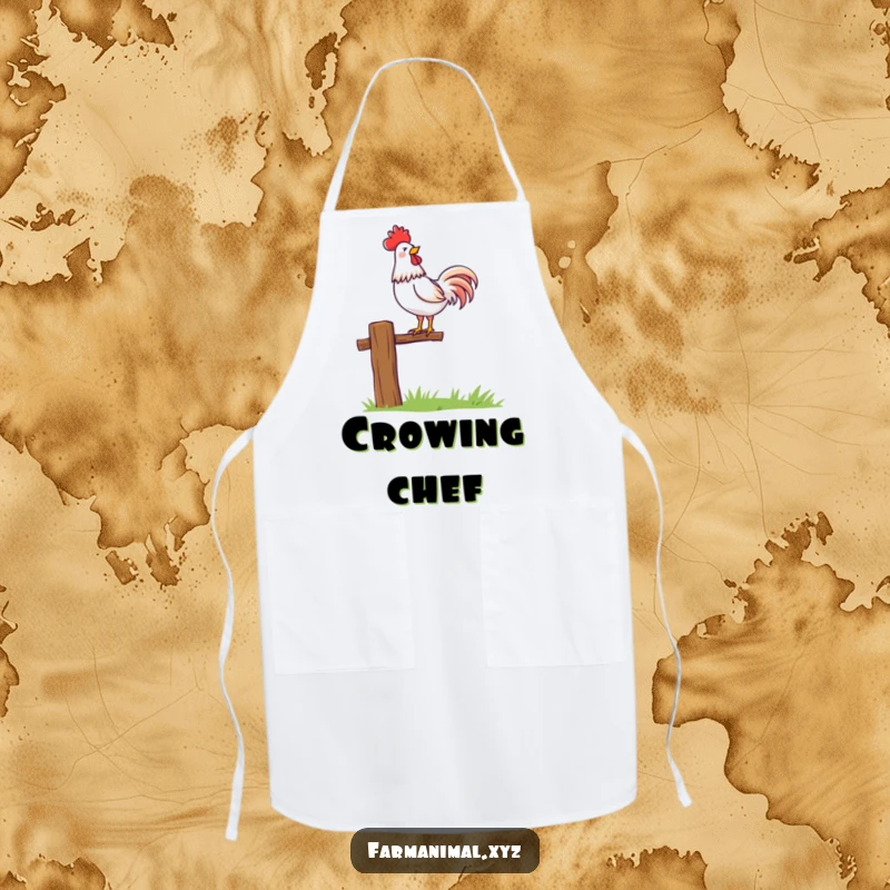 Funny rooster character proudly crowing atop a fence post, a humorous and practical apron for kitchen adventures.