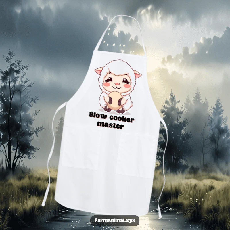 Funny Sheep Chewing Cud Apron, illustrating a sheep's peaceful chew and smile, bringing farmyard tranquility to your kitchen attire.