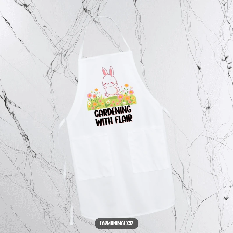 Funny bunny apron showing a fluffy bunny character hopping through a wildflower field, bringing spring cheer to the kitchen.