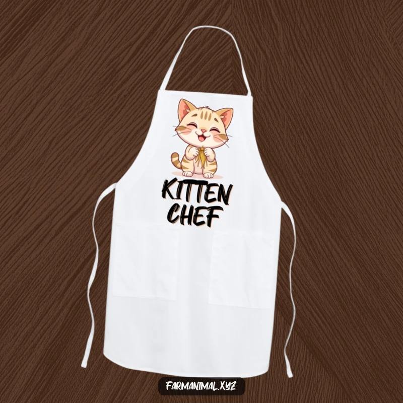 Funny Barn Cat Apron with a smiling cat playfully batting at a dangling piece of hay, perfect for adding humorous farm charm to kitchen activities.