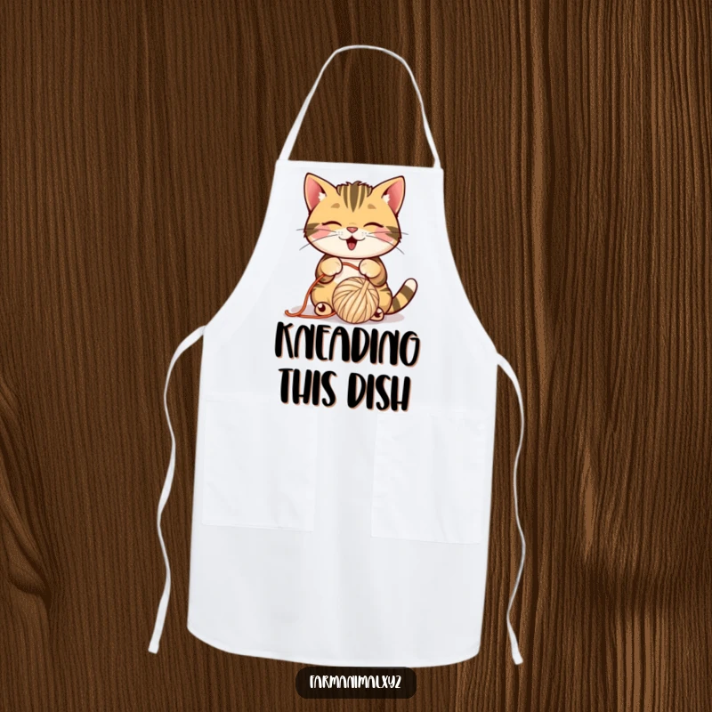 Funny Barn Cat Apron with a playful cat batting a ball of yarn, ideal for kitchen fun.