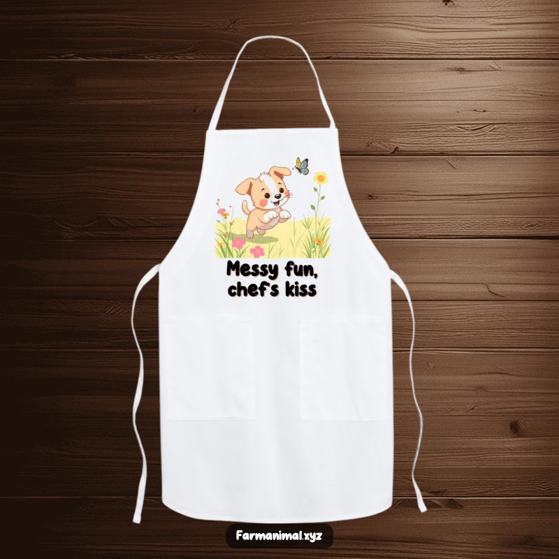 Funny puppy apron showing a happy dog chasing a butterfly in a sunny meadow, bringing playful energy to cooking.