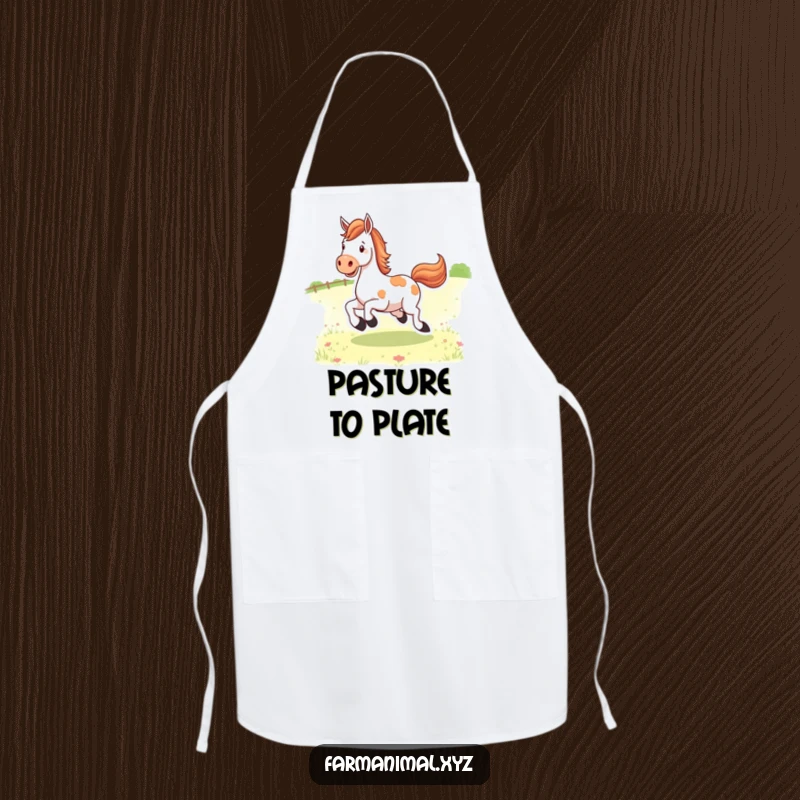 Funny happy horse character kicking its heels in a pasture, a humorous and practical apron for kitchen adventures.