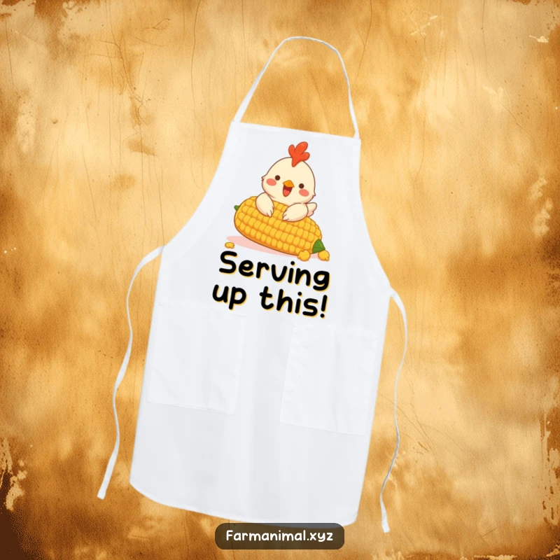 Funny apron with an excited chicken pecking at a giant corn cob, perfect for kitchen fun.