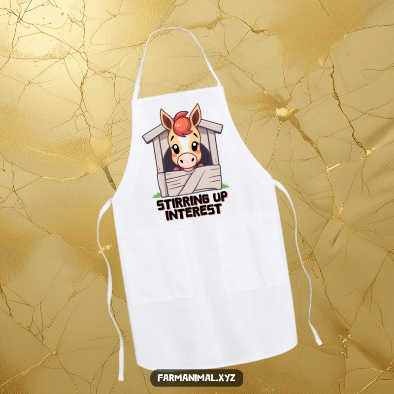 Funny horse apron showing a curious horse character peeking over a stable door, bringing playful curiosity to the kitchen.