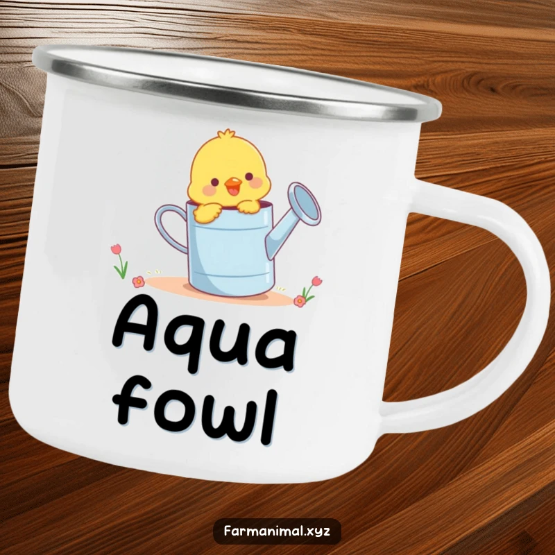 Funny chick pecking playfully at a giant watering can, a sturdy and humorous camping mug for outdoor enthusiasts.