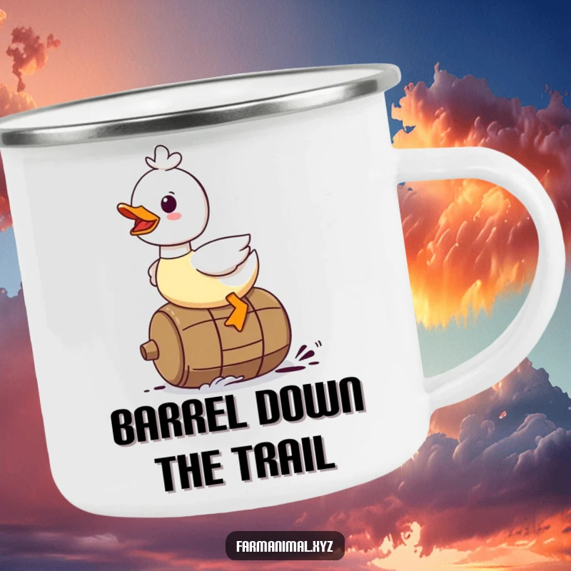 Funny Duck Camping Mug: A duck character gleefully riding on a rolling barrel, ready for rugged outdoor use.