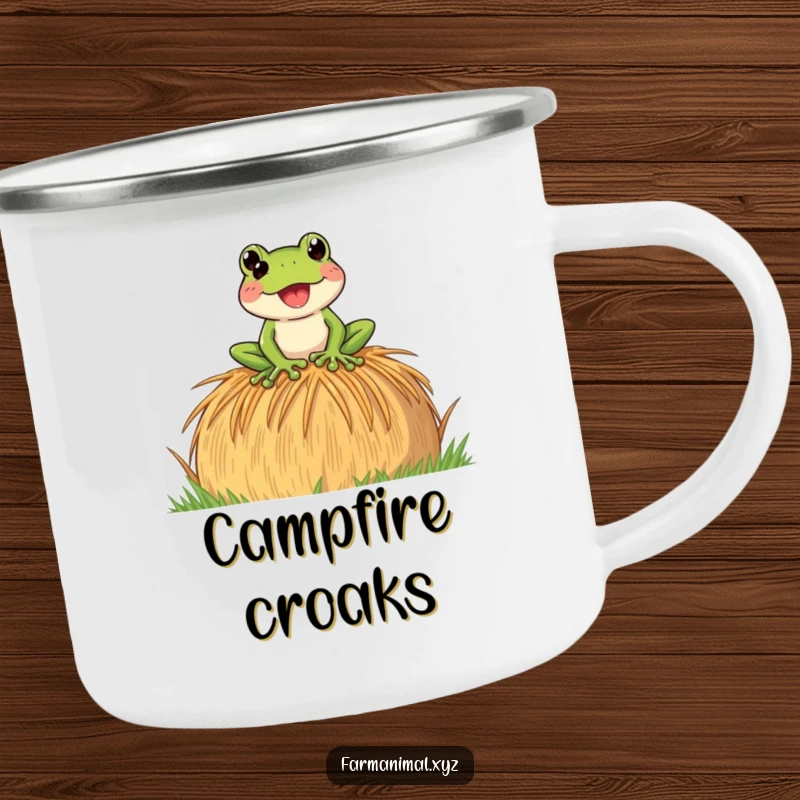 Funny Frog Camping Mug showing a playful frog croaking on a hay bale, designed for outdoor humor and durability with an amphibian theme.