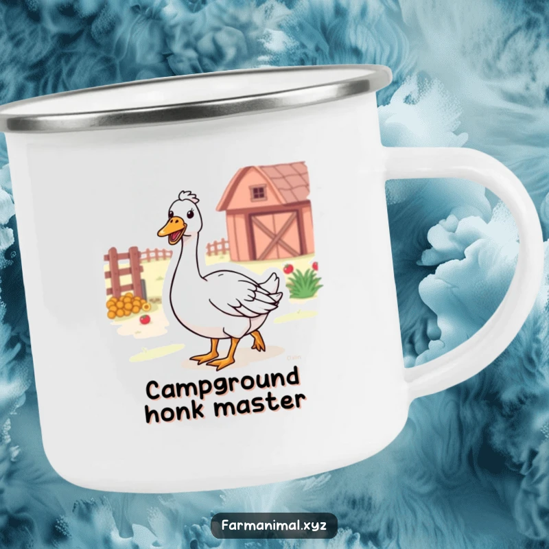 Funny Farm Goose Camping Mug with a happy goose honking while waddling through the farm, durable and amusing.