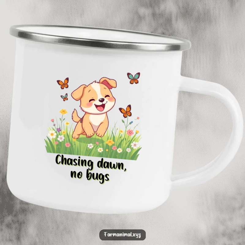 Funny happy dog chasing butterflies on a camping mug, a humorous and durable companion for outdoor fun.