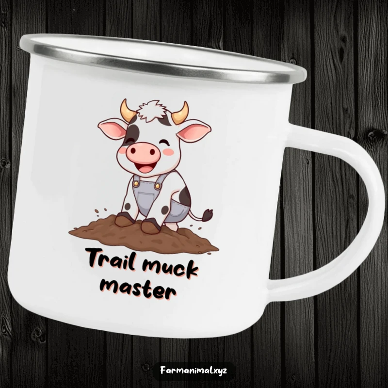 Funny cow wearing overalls happily stomping in mud, a sturdy humorous camping mug for outdoor lovers.