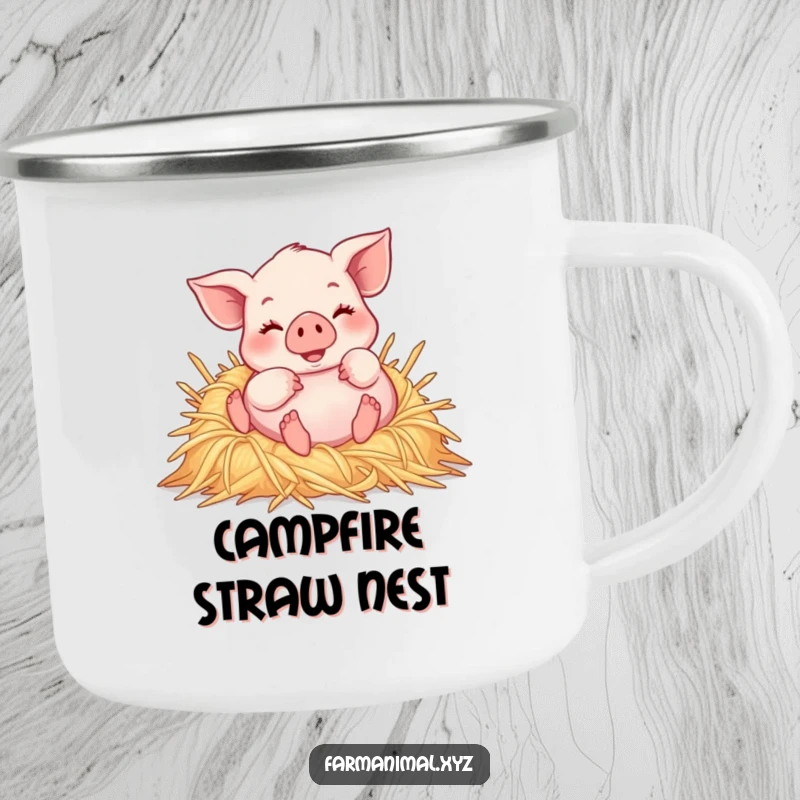 Funny piglet joyfully rolling in a pile of soft straw, a sturdy humorous camping mug for campers.