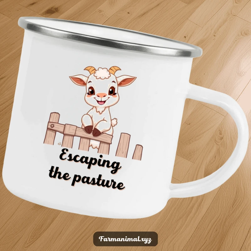Funny goat camping mug showing a small goat with a mischievous grin attempting to climb a fence.