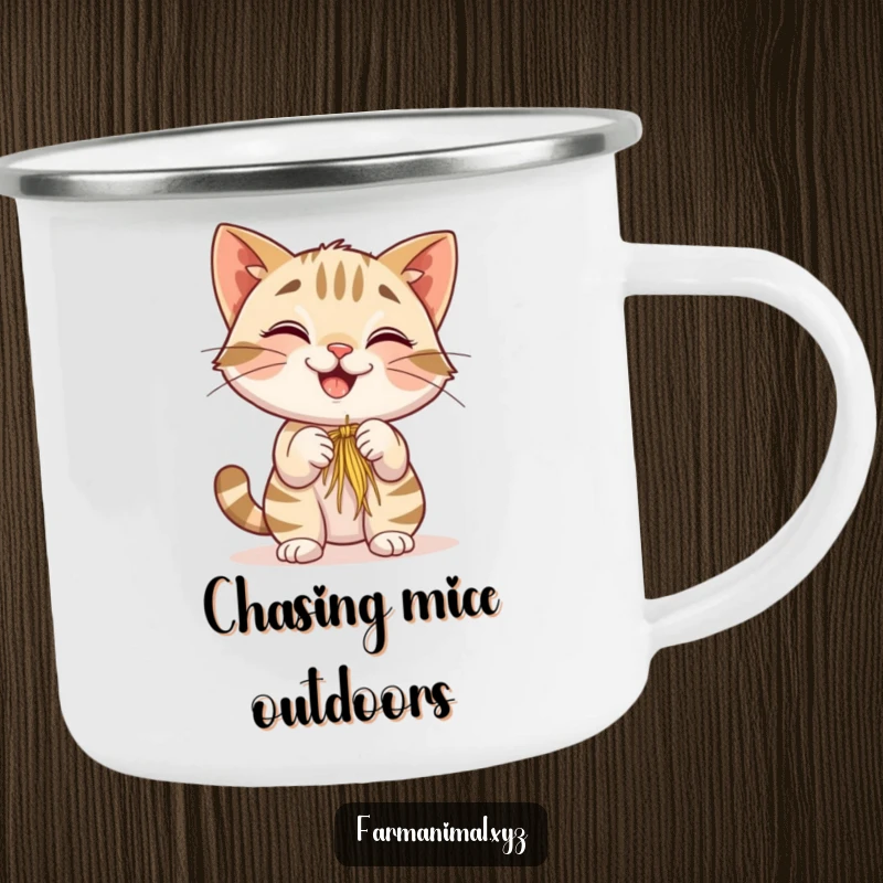 Funny Barn Cat Camping Mug showing a smiling cat batting at hay, designed for outdoor humor and durability with a farm animal theme.