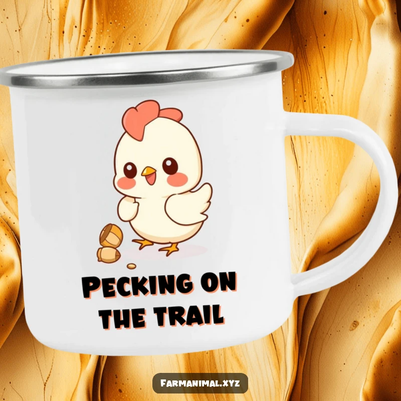 Funny chicken camping mug showing a smiling hen pecking at a kernel, a durable and humorous companion for outdoor adventures.